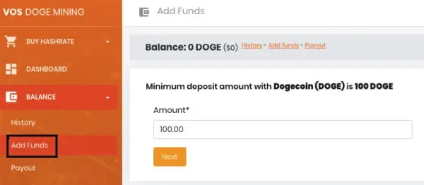 Panel izquierdo con el saldo; al hacer clic en “Agregar fondos” se ingresa la cantidad a recargar. La página muestra la dirección de recepción de DOGE resaltada en rojo