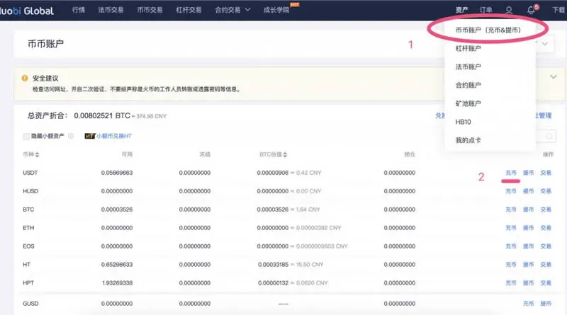 Huobi registration and usage tutorial illustration – deposit page