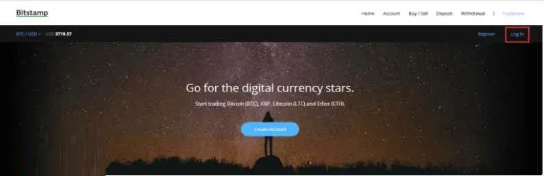 Página de login do Bitstamp – botão de login no canto superior esquerdo com link de registro gratuito abaixo