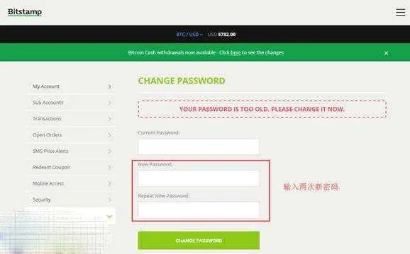 Página de alteração de senha após o login no Bitstamp