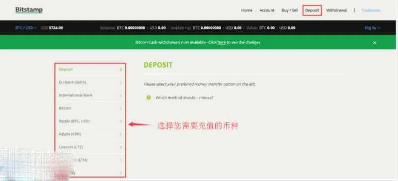 Botão Deposit do Bitstamp com a opção LTC selecionada à esquerda