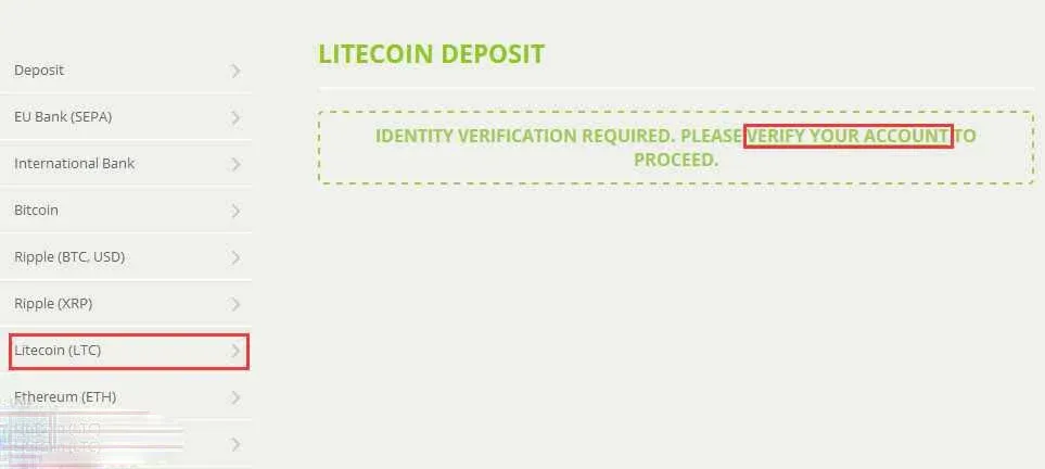 Tela de registro do Bitstamp – opção “pessoa física” à esquerda e “empresa” à direita ao tentar depositar LTC, exibindo solicitação de verificação