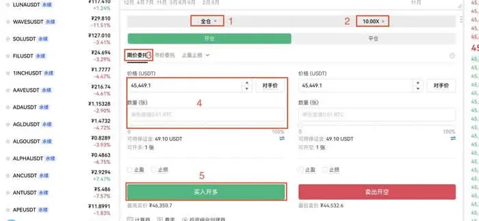 OKX contract trading interface, after setting cross‑margin leverage and limit order, click buy to open a long