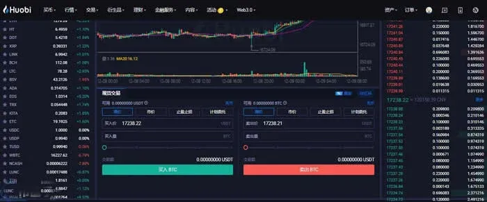 Página de compra e venda da Huobi, preenchendo quantidade e clicando nos botões Comprar ou Vender