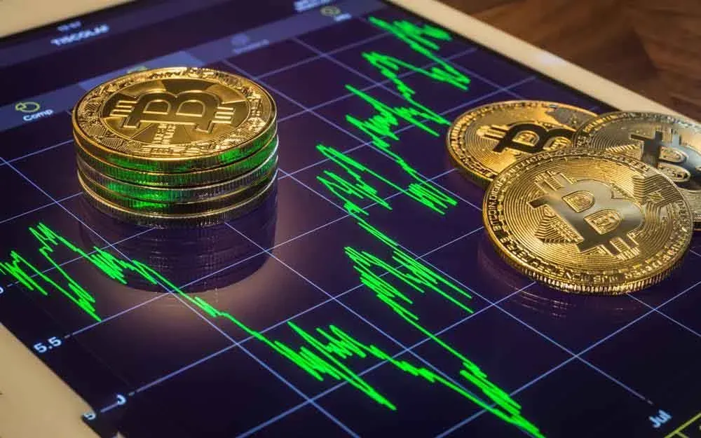 Mobile screen showing Bitcoin price chart and trade buttons