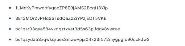 Example of Bitcoin wallet address strings and display of different formats