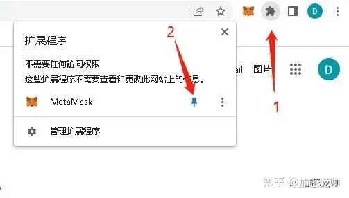 瀏覽器右上角的 MetaMask 圖示及快捷呼出按鈕