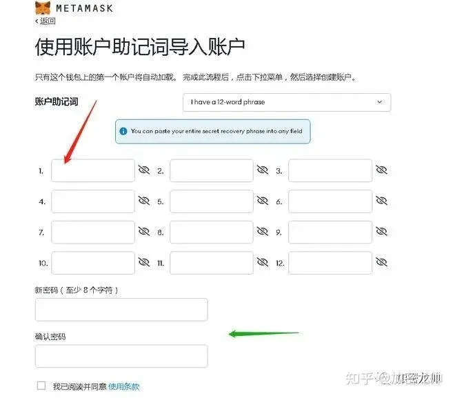 MetaMask 介面紅箭指助記詞框，綠箭指密碼框