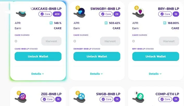 PancakeSwap 农场页面,LP 质押池 APR 约 450%
