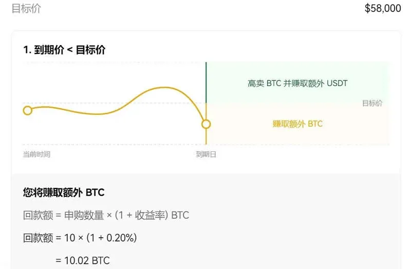 比特币价格曲线与目标价标示的双币赢示意图
