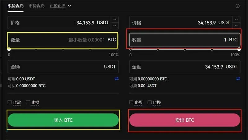 交易页面输入买入数量并点击买入按钮的示意图