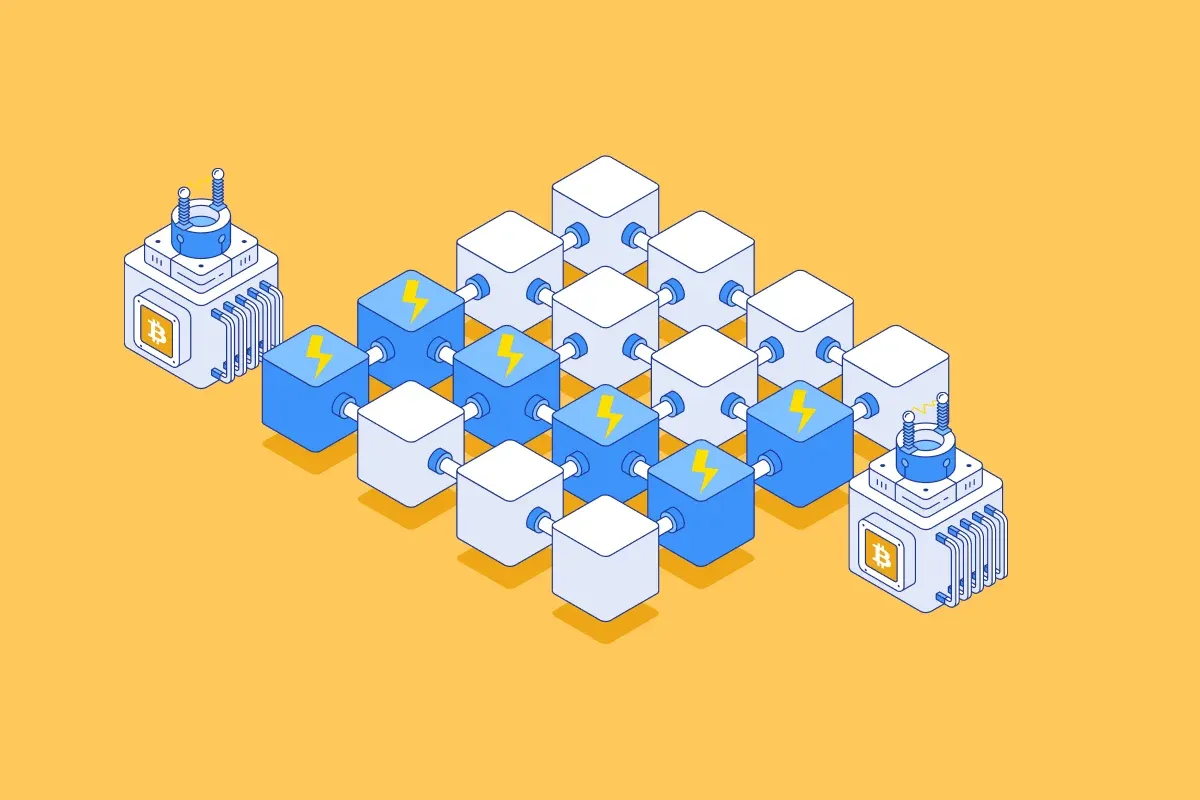 Diagrama da rede Lightning do Bitcoin mostrando canais entre nós e fluxo de transações off‑chain