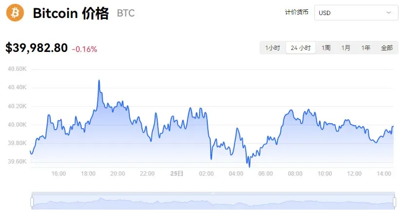 Gráfico de línea del precio de Bitcoin en dólares el 25 de enero de 2024, muestra aproximadamente 39,983 dólares