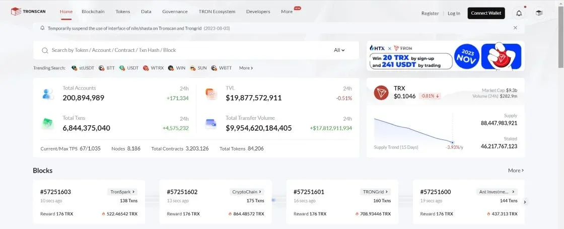 Tela inicial do Tronscan com barra de busca e menu de navegação