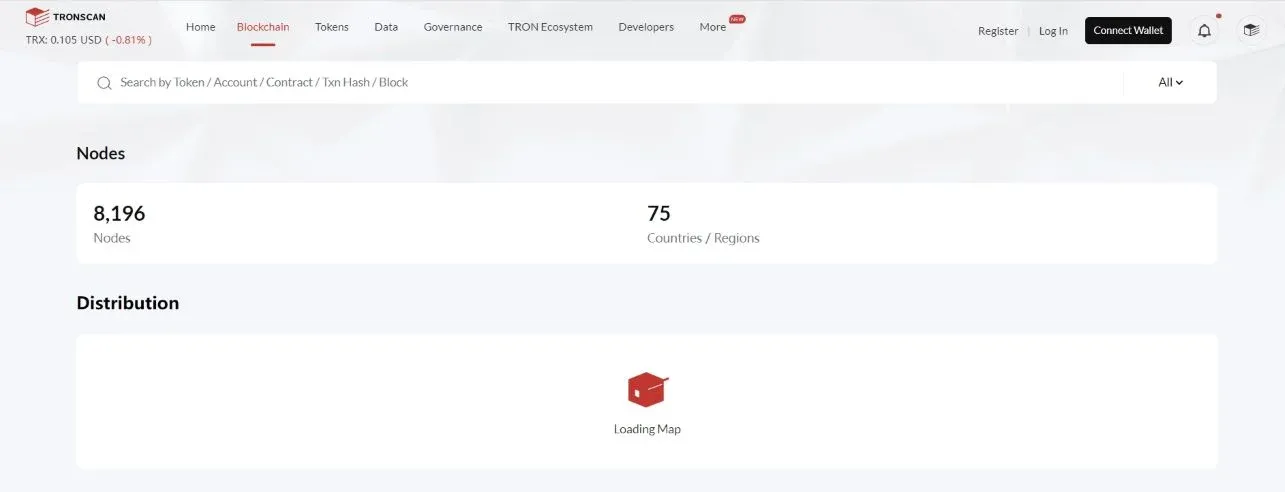 Mapa mundial indicando distribuição de nós da TRON