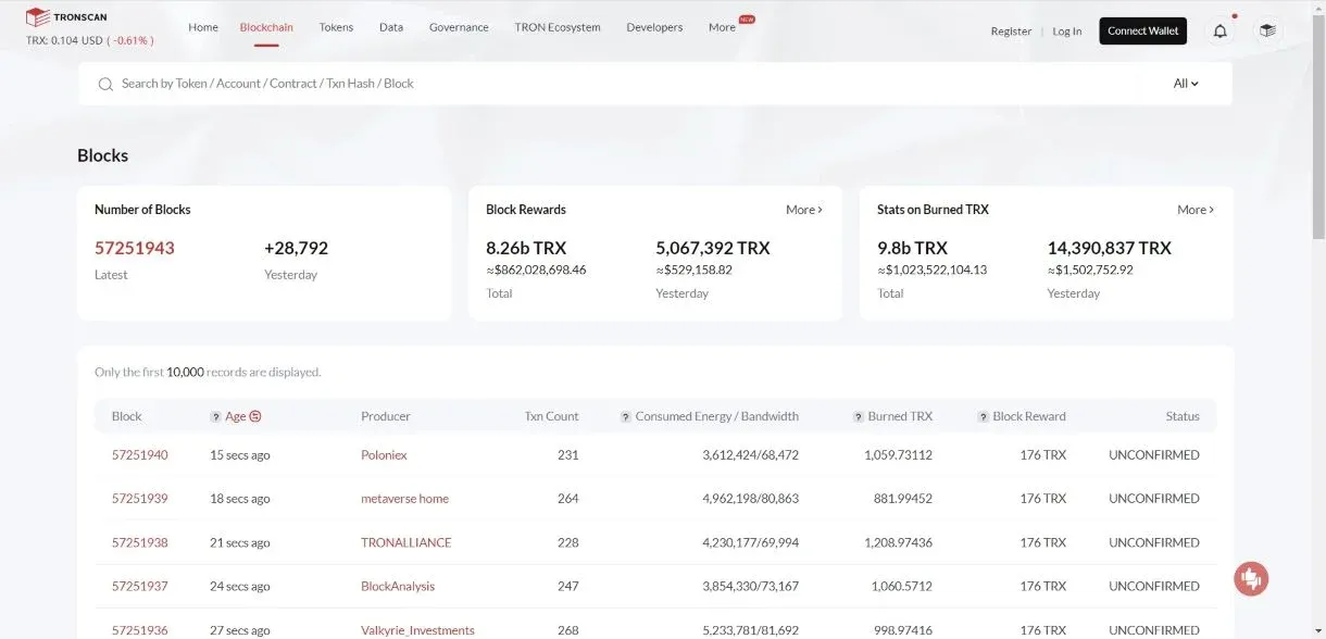 Lista de blocos no Tronscan mostrando altura, hash e número de transações