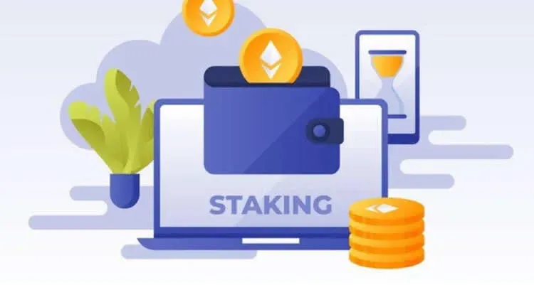 Cryptocurrency logos surrounding a chain and an upward arrow