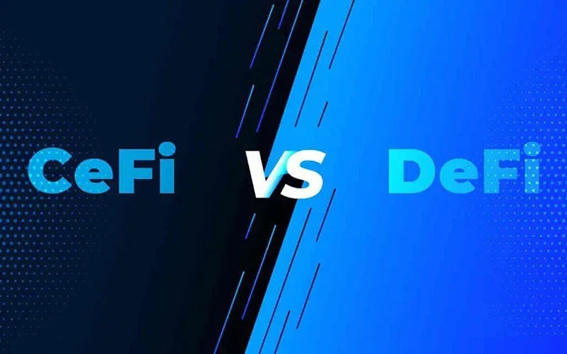 DeFi与CeFi对比示意图左侧中心化结构右侧分散网络