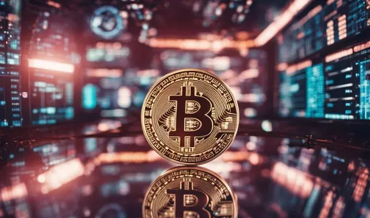 金色比特币硬币与代表资产增长的金融数据走势图