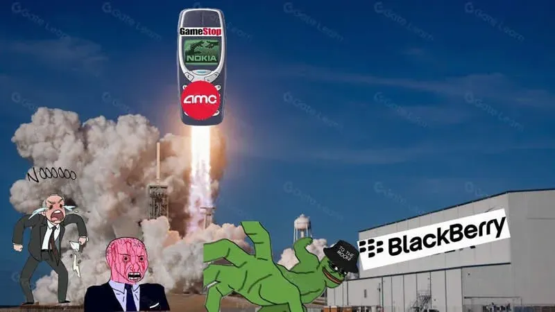 社交平台 Reddit 上的 Gamestop 股價曲線與 meme 拼圖