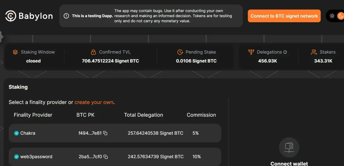 Diagrama de la interfaz de staking de BTC en Babylon Testnet4