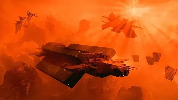Arte conceptual de una flota interestelar y una colonia espacial
