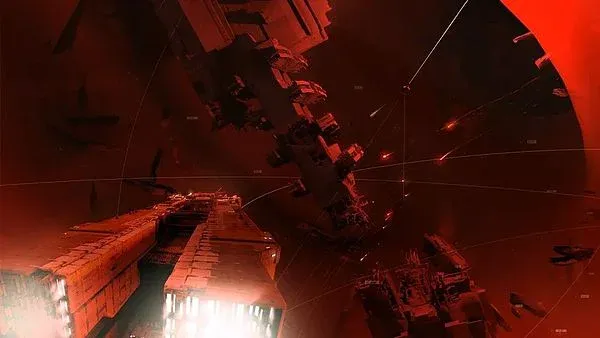 Arte conceptual de una flota espacial y una estación interplanetaria