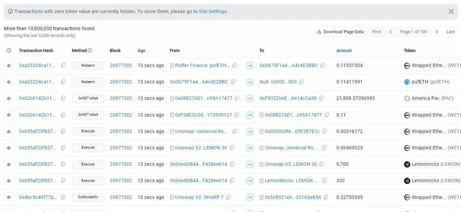 Explorador de bloques mostrando la lista de direcciones que poseen el token