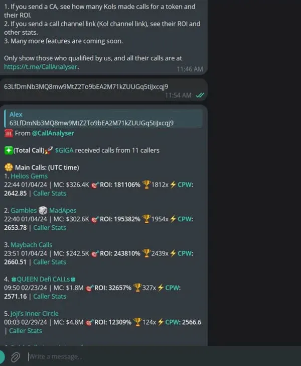 Telegram 对话框显示 CallAnalyserBot 列出呼叫该币的频道与回报