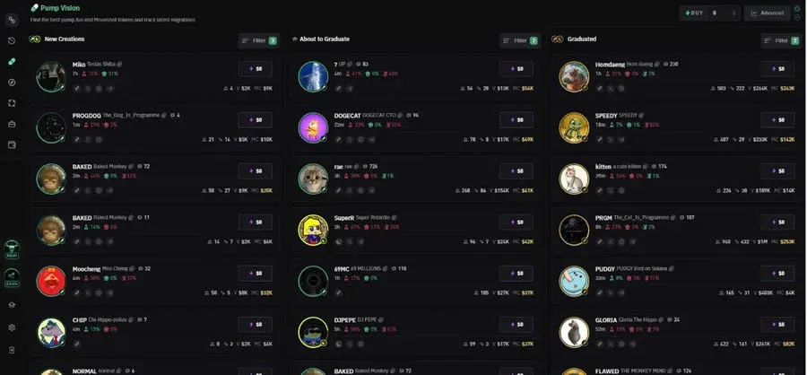 BullX网页界面显示Memecoin列表及过滤设置