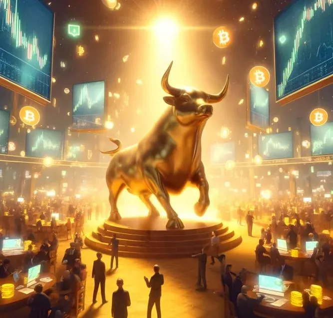 Gráfica ascendente del precio de criptomonedas con una ilustración de cabeza de toro