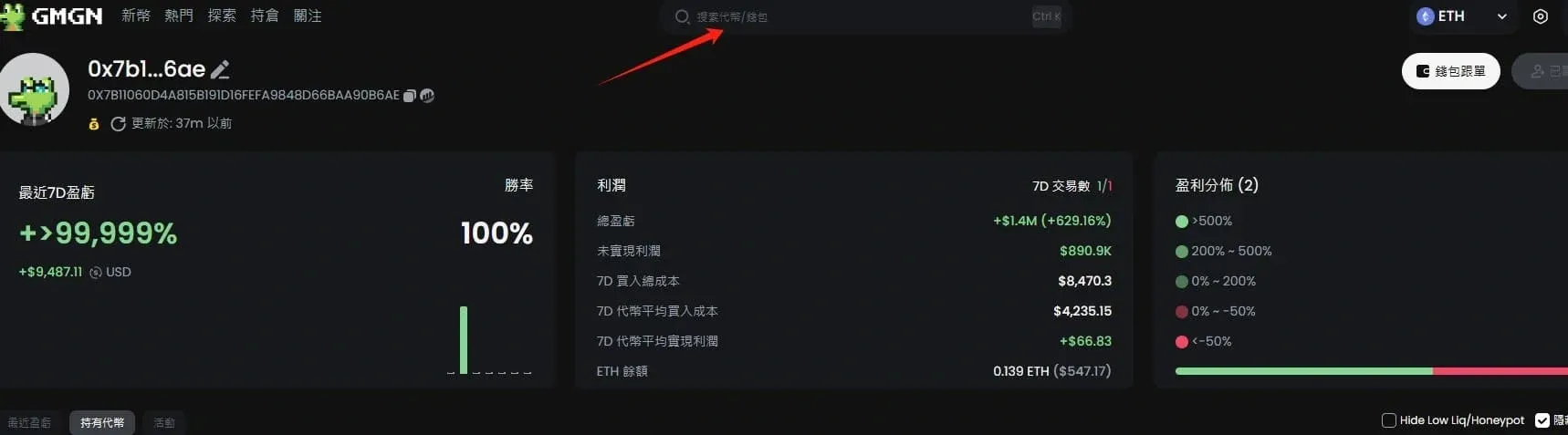 GMGN.ai 介面搜尋框與智慧資金圖表