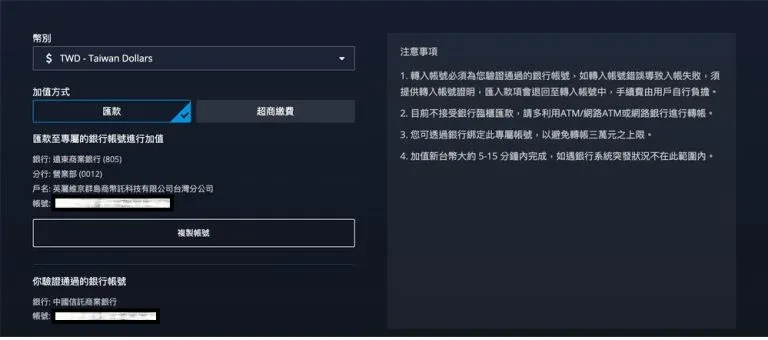 BitoPro recharge page selecting New Taiwan Dollar and showing online banking and ATM transfer options