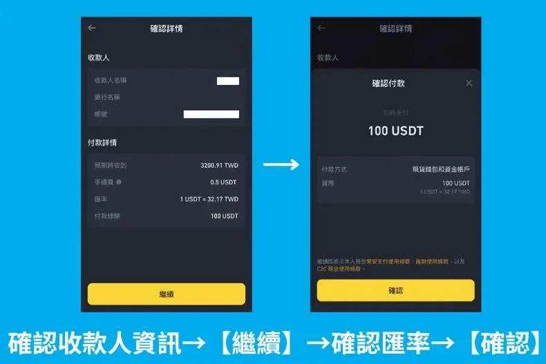 Binance Pay 確認收款資訊及匯率頁面