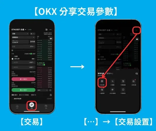 OKX trading page – open settings and enable trade sharing toggle