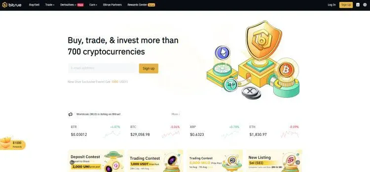 Página principal de Bitrue mostrando su logo y lista de pares