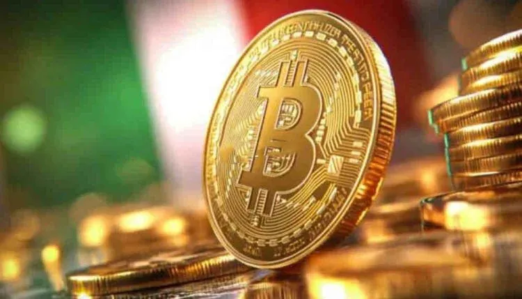 Fusión de edificio bancario tradicional con íconos de Bitcoin y otras criptomonedas