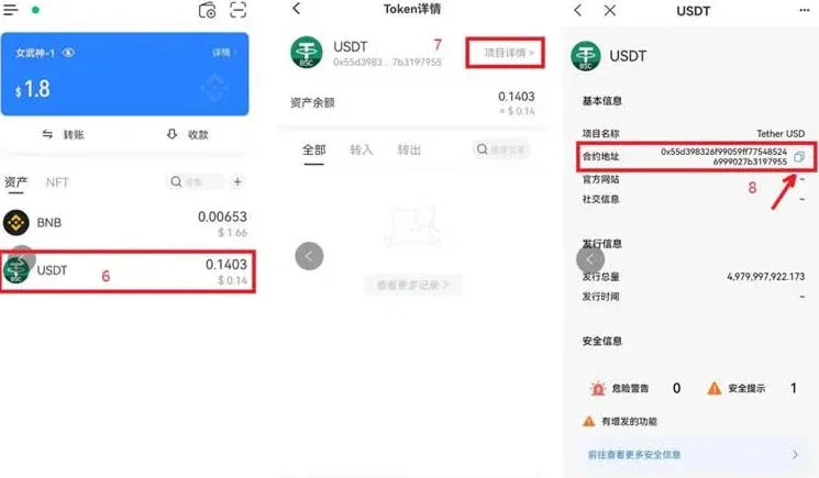 Asset detail page displaying the contract address with a copy button