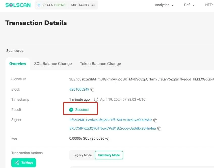 Página de detalle de una transacción en SolScan, mostrando el estado Success