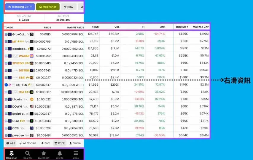 DexScreener main screen listing multiple tokens and their market data