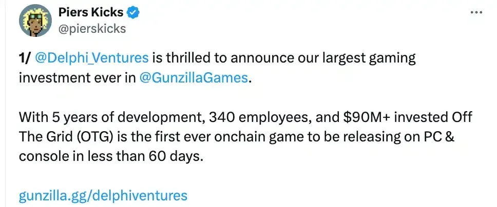Piers Kicks elogiando o projeto Off The Grid da Gunzilla Games nas redes sociais