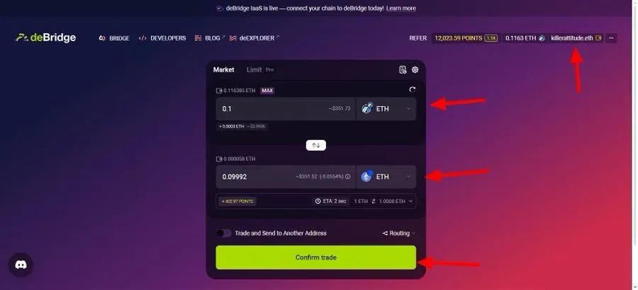 钱包界面连接并将 ETH 从 Arbitrum 桥接至 Base