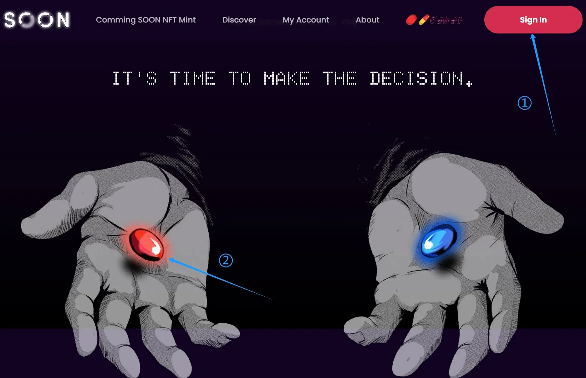 SOON website’s red‑pill / blue‑pill selection screen, with the red pill highlighted