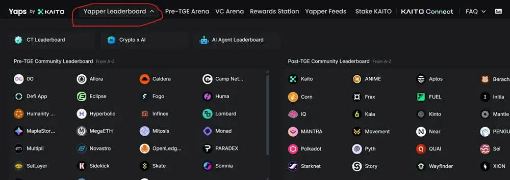 Yapper leaderboard page showing users and Mindshare percentages