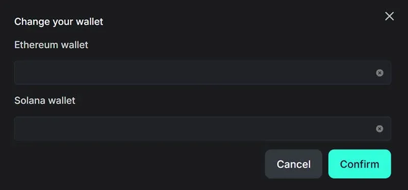 Wallet address input box on the personal page, with separate fields for EVM and Solana