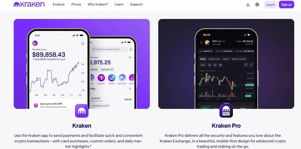 Pantalla de la app móvil de Kraken mostrando pares de trading y saldo de cuenta