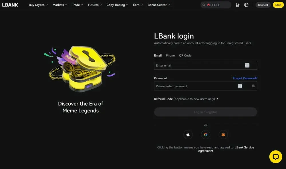 LBank registration page showing email, password fields and terms checkbox