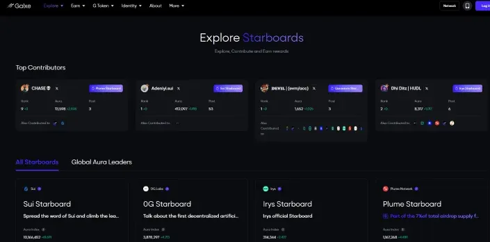 Galxe Starboard exploration page showing project cards