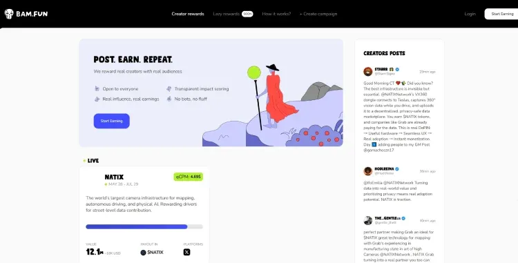 bam.fun page showing noise_xyz campaign details and reward progress