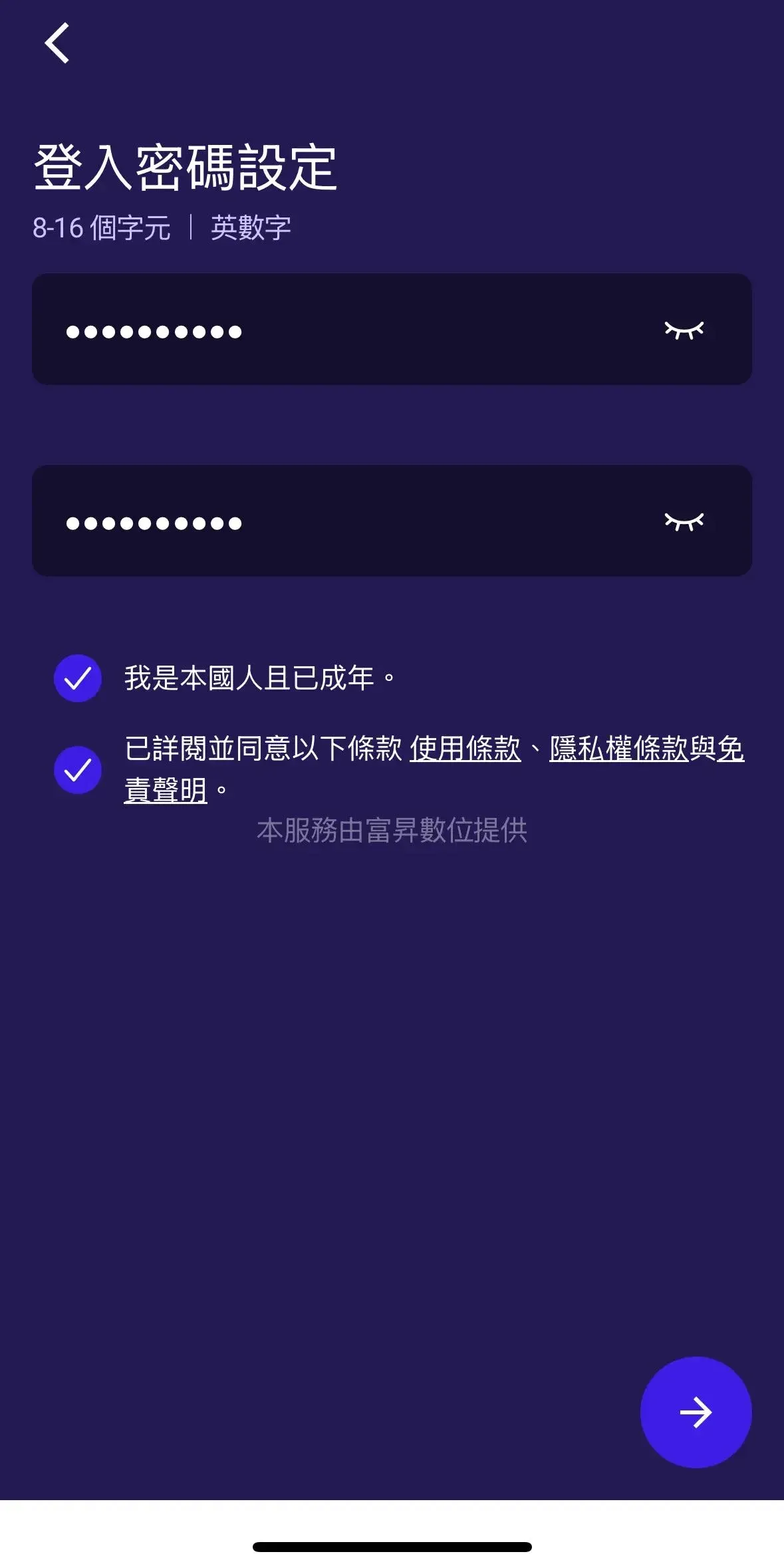 Password entry and email verification section of the registration page